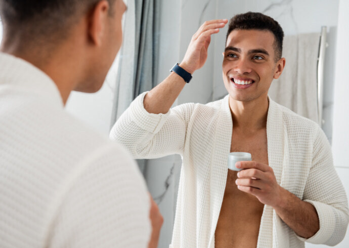 Homem aplicando pomada no cabelo