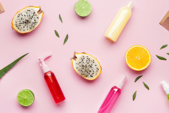 Frascos de cosméticos para cabelo e algumas frutas ao redor