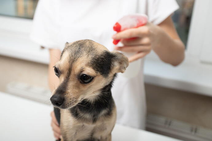 Pessoa aplicando remédio para carrapato do tipo spray em cachorro